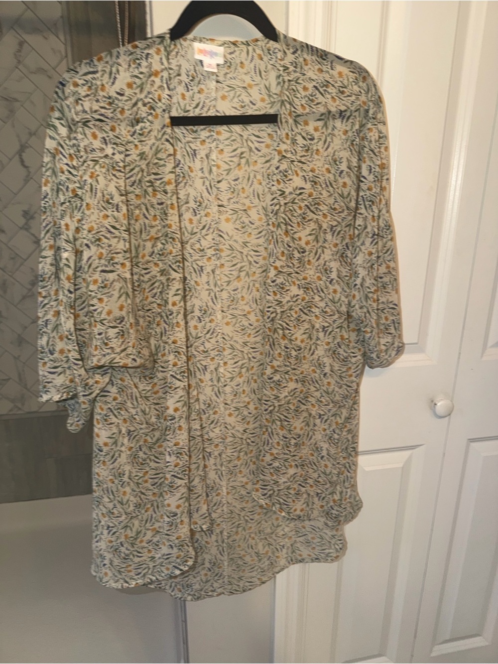 LuLaRoe Cream Floral Kimono Robe with Green & Yellow Print